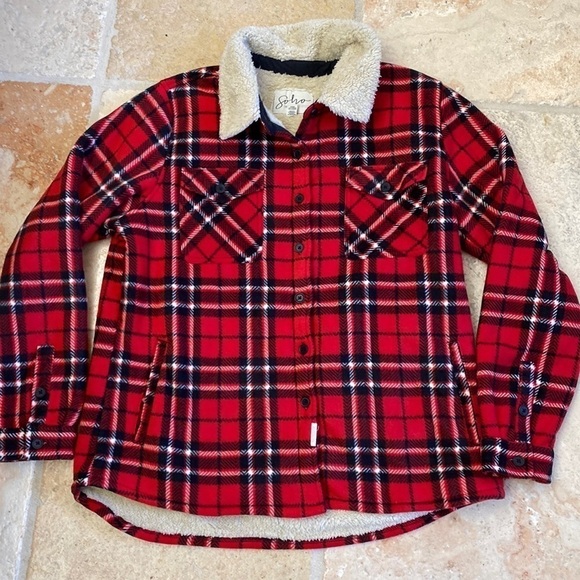 SoHo Threads Flannel Sherpa Chore Jacket Women’s XXL Buffalo plaid Festive Warm - Picture 1 of 7
